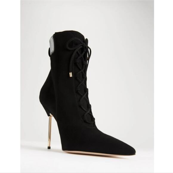 NEW Good American Scandal Black Suede Lace Up Point Toe Heeled Bootie - Picture 2 of 12